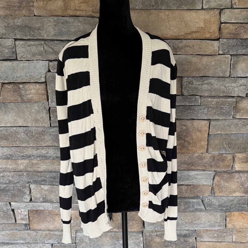 Striped Black and Cream Button-Front Women's Cardigan Sweater